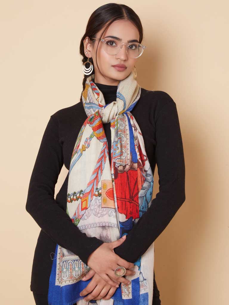 Equestrian Print Wool Scarf