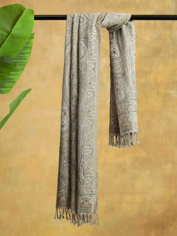 Sand Beige Paisley Merino Wool Wrap
