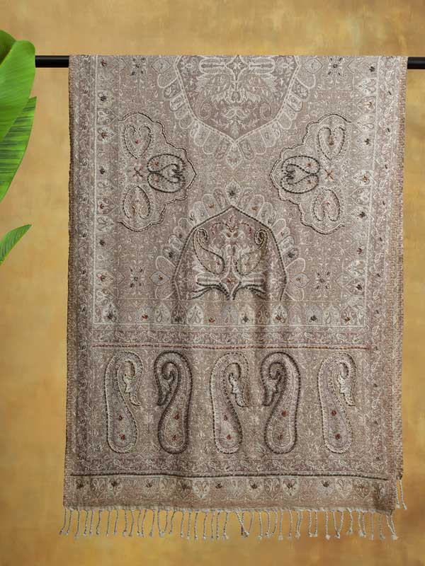 Paisley Merino Wool Hand Emb Wrap - Ochre