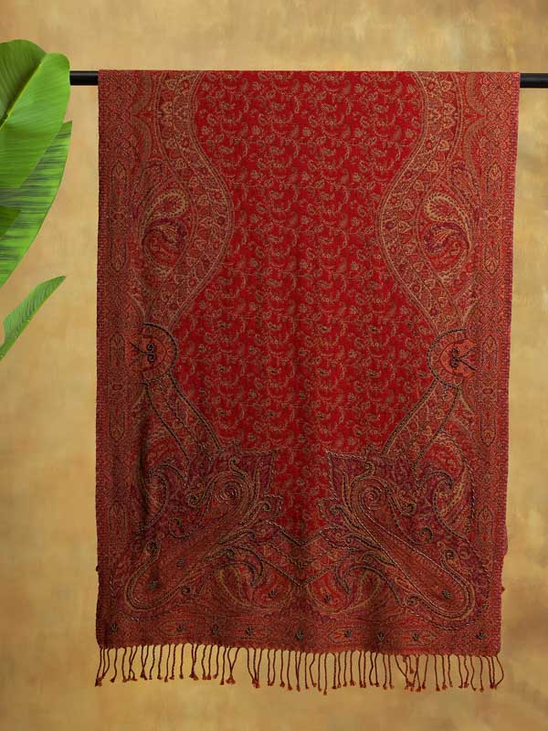 Paisley Jaal Merino Wool Hand Beaded Wrap - Red Clay