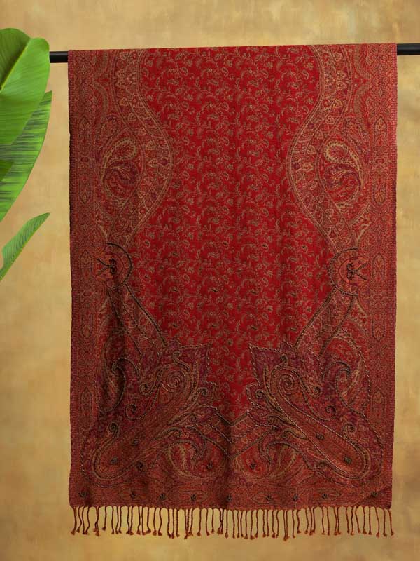 Paisley Jaal Merino Wool Hand Beaded Wrap - Red Clay