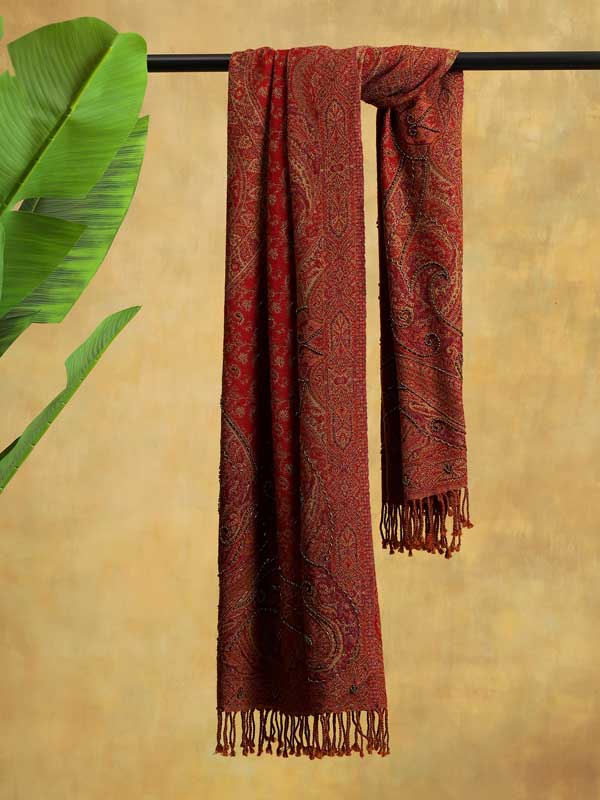Paisley Jaal Merino Wool Hand Beaded Wrap - Red Clay