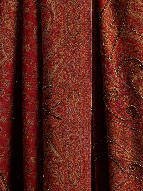 Paisley Jaal Merino Wool Hand Beaded Wrap - Red Clay