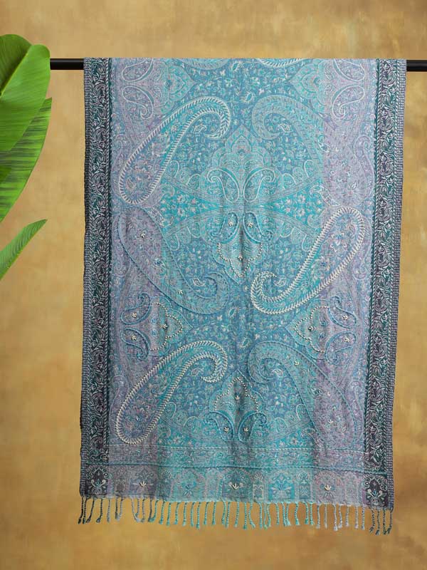 Paisley Jaal Merino Wool Hand Beaded Wrap - Riviera Blue