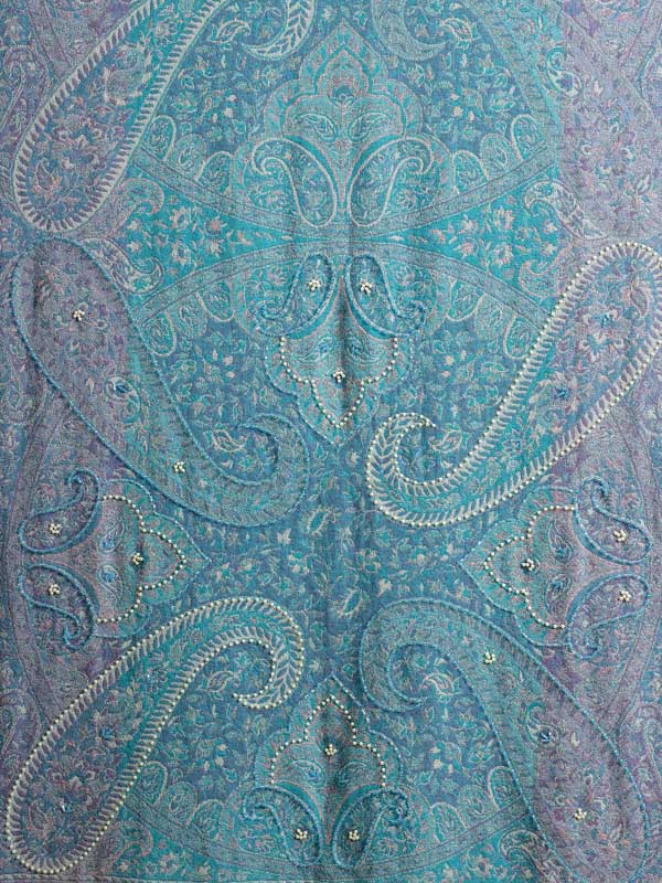 Paisley Jaal Merino Wool Hand Beaded Wrap - Riviera Blue