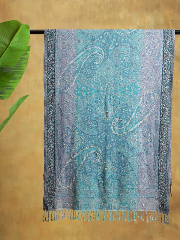 Paisley Jaal Merino Wool Hand Beaded Wrap - Riviera Blue