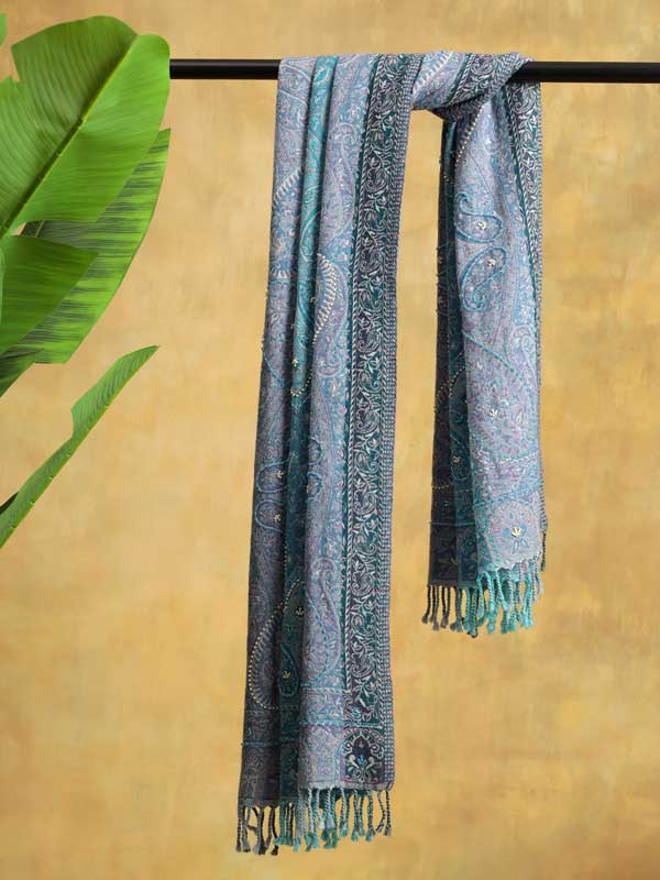 Paisley Jaal Merino Wool Hand Beaded Wrap - Riviera Blue