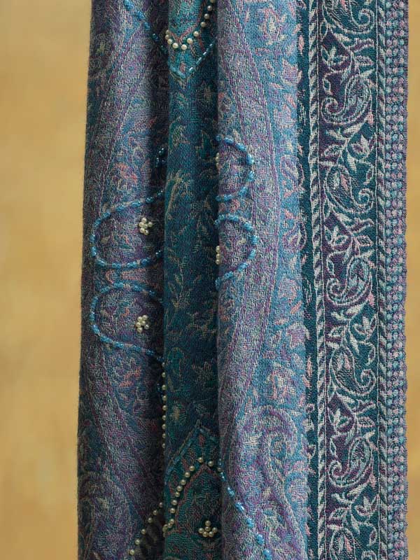 Paisley Jaal Merino Wool Hand Beaded Wrap - Riviera Blue