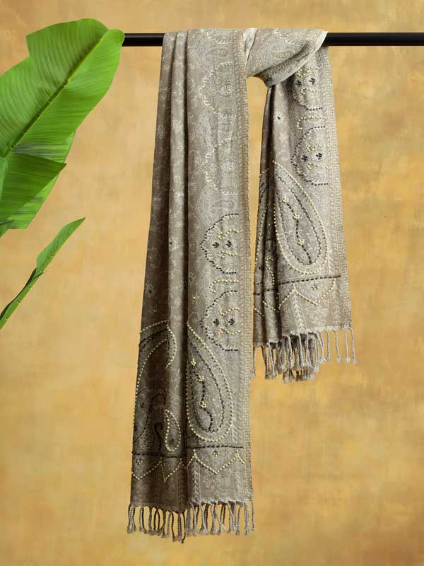 Paisley Jaal Merino Hand Bead Wrap - Mojave Beige