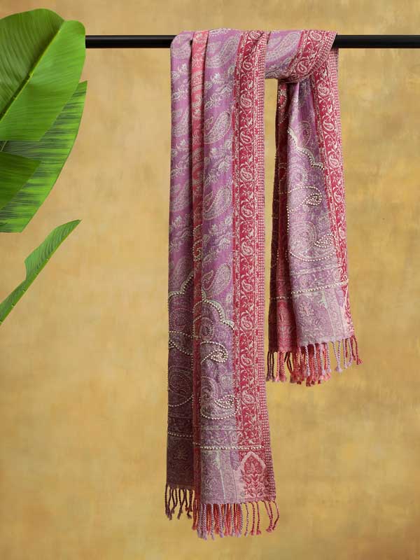 Paisley Jaal Merino Hand Bead Wrap - Cabaret Pink