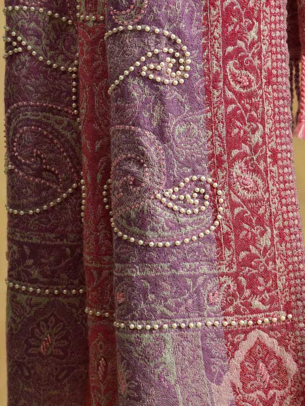 Paisley Jaal Merino Hand Bead Wrap - Cabaret Pink