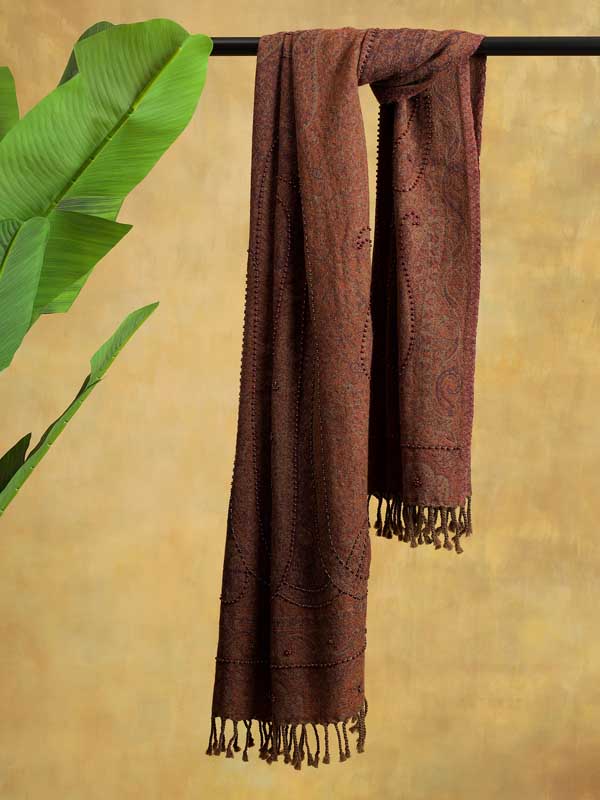 Chocolate Brown Paisley Hand Bead Merino Wrap