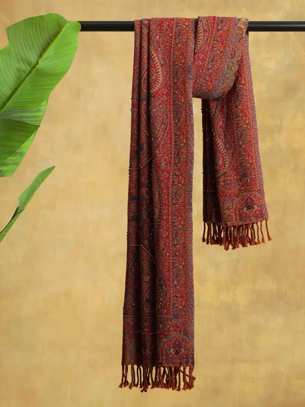 Badaam Jaal Merino Hand Bead Wrap - Picante Red