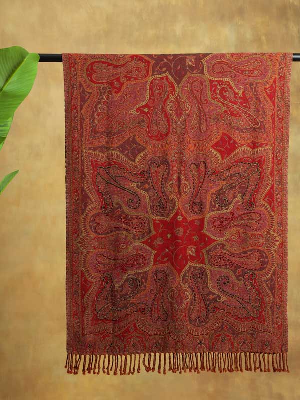 Poppy Red Paisley Hand Bead Merino Wrap