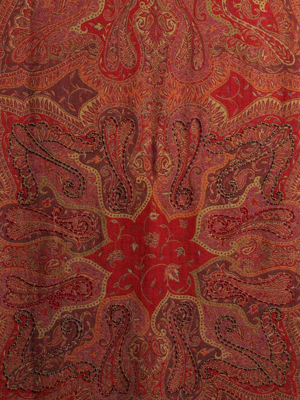 Poppy Red Paisley Hand Bead Merino Wrap