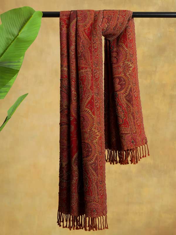 Poppy Red Paisley Hand Bead Merino Wrap