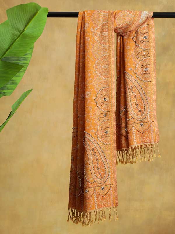 Honey Gold Paisley Hand Bead Merino Wrap