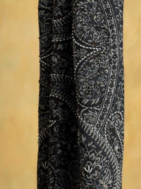 Paisley Jaal Merino Hand Bead Wrap - Gunmetal Grey