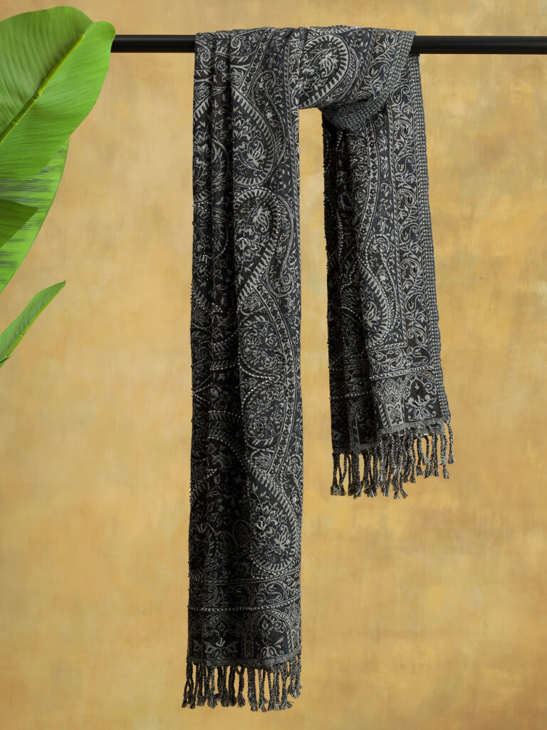 Paisley Jaal Merino Hand Bead Wrap - Gunmetal Grey Paisley Jaal Merino Hand Bead Wrap - Gunmetal Grey