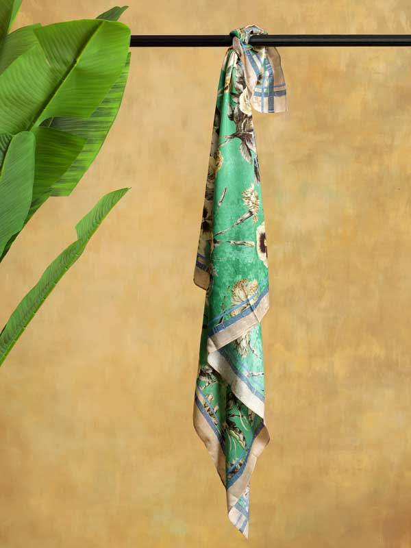 Gilded Blooms Silk Blend Square Scarf - Sea Green