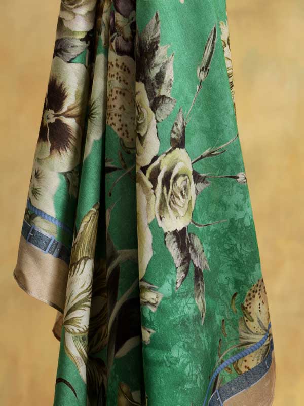 Gilded Blooms Silk Blend Square Scarf - Sea Green