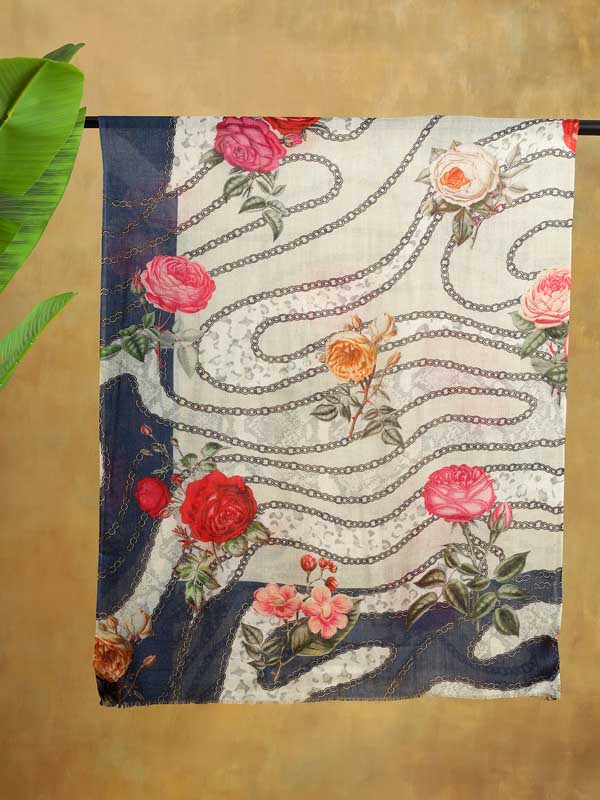 Floral Chains Print Merino Scarf - Navy, Cream