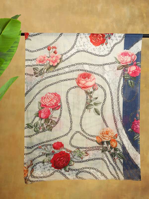 Floral Chains Print Merino Scarf - Navy, Cream