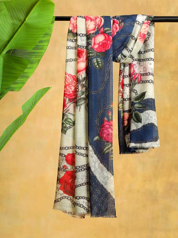 Floral Chains Print Merino Scarf - Navy, Cream
