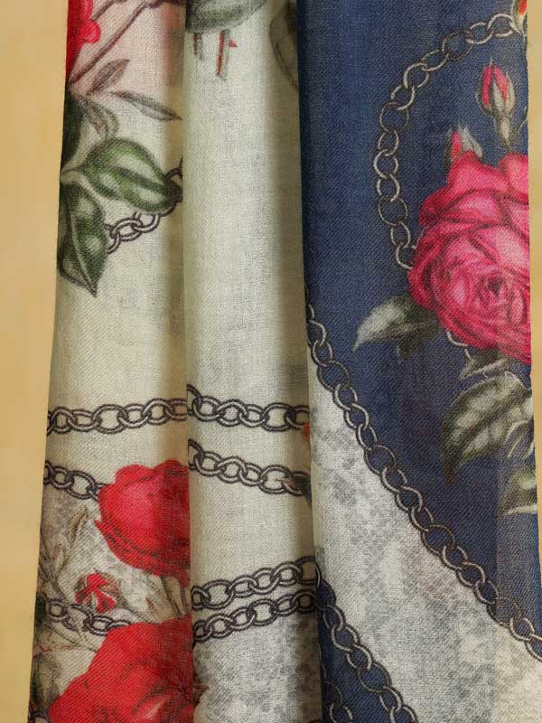 Floral Chains Print Merino Scarf - Navy, Cream