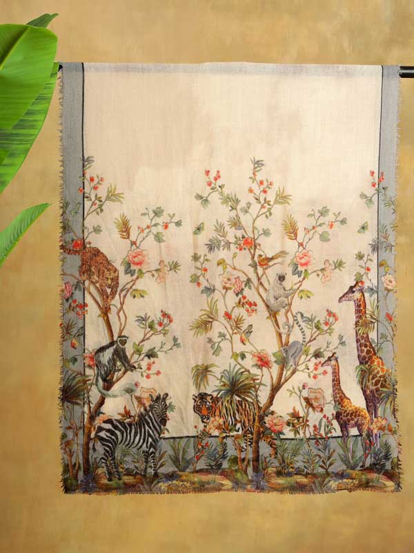 Exotic Wilderness Merino Print Stole - Cloud Grey