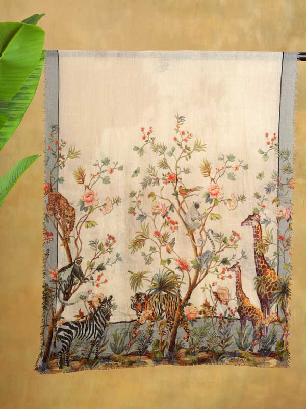 Exotic Wilderness Merino Print Stole - Cloud Grey