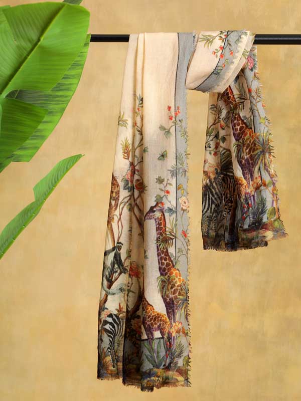 Exotic Wilderness Merino Print Stole - Cloud Grey