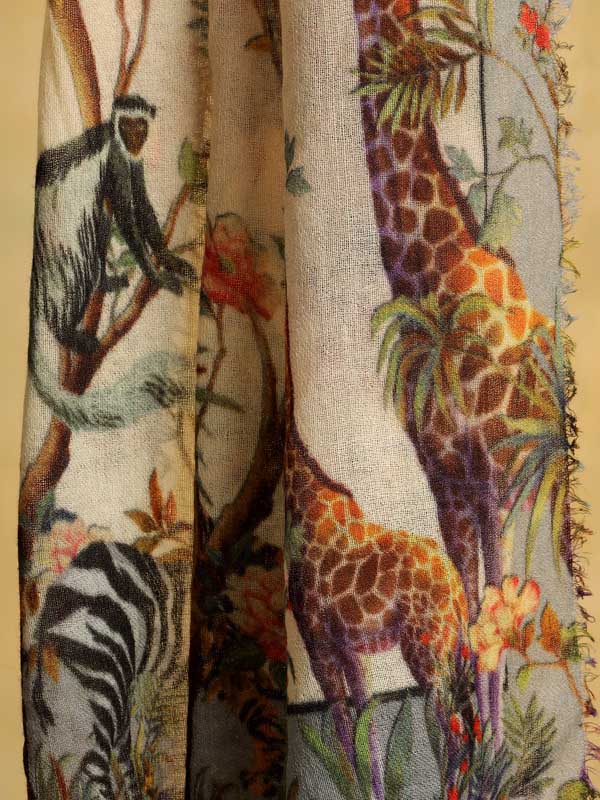 Exotic Wilderness Merino Print Stole - Cloud Grey