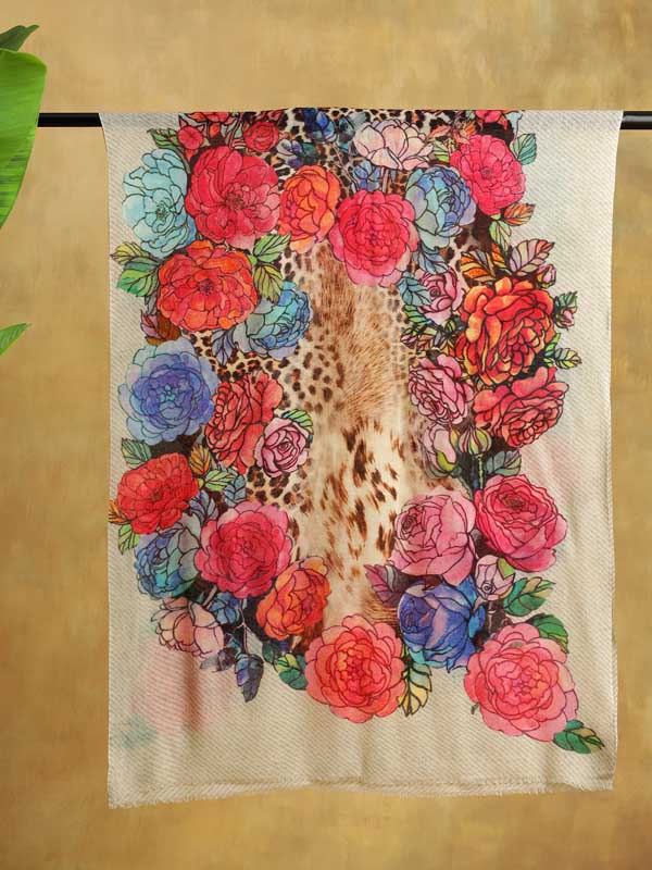 Floral Fusion Wool Stole - Offwhite Multi