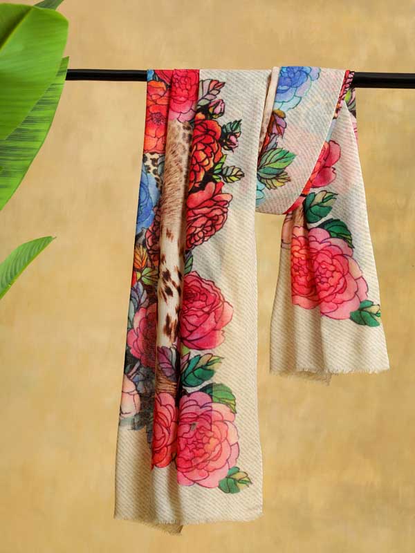 Floral Fusion Wool Stole - Offwhite Multi