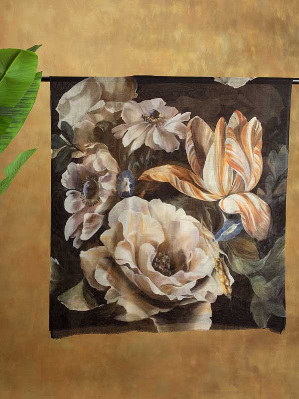Ethereal Floral Art Wool Stole - Eclipse Black