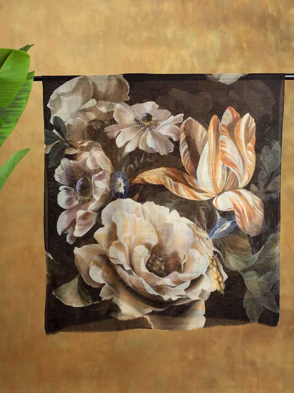 Ethereal Floral Art Wool Stole - Eclipse Black