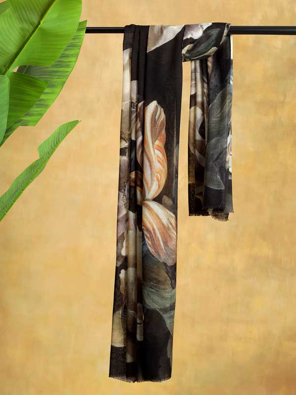 Ethereal Floral Art Wool Stole - Eclipse Black