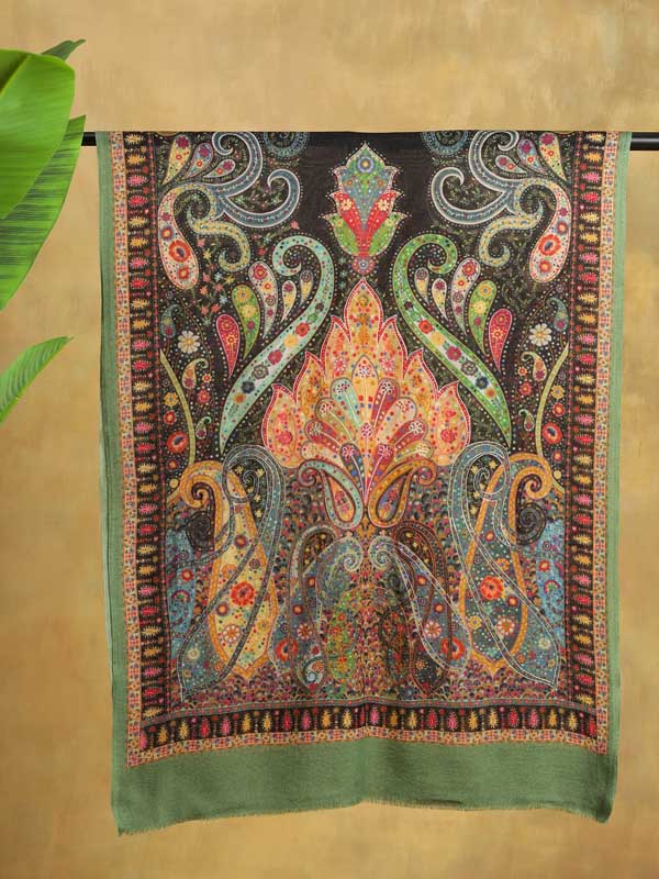 Lalita Paisley Hand Embroidery Wool Stole - Jade, Multi