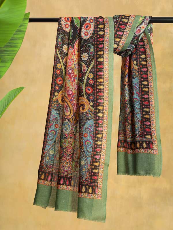 Lalita Paisley Hand Embroidery Wool Stole - Jade, Multi
