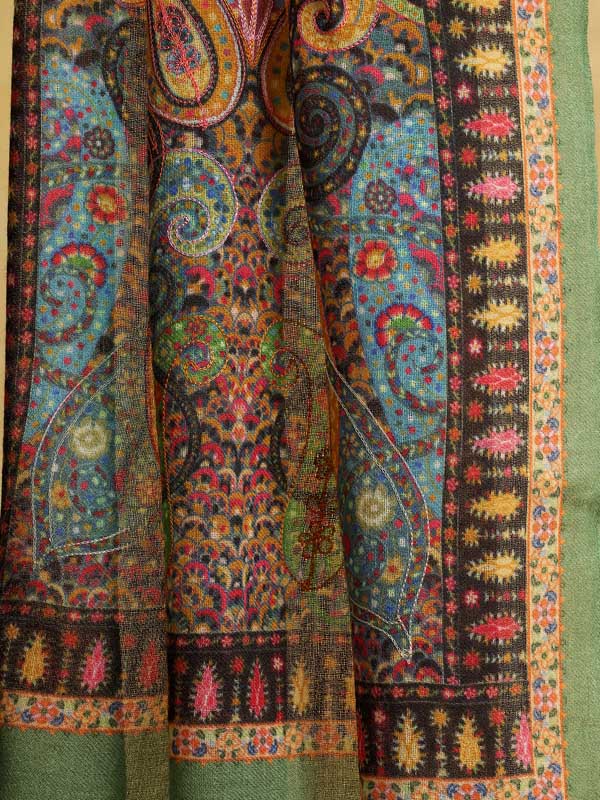 Lalita Paisley Hand Embroidery Wool Stole - Jade, Multi