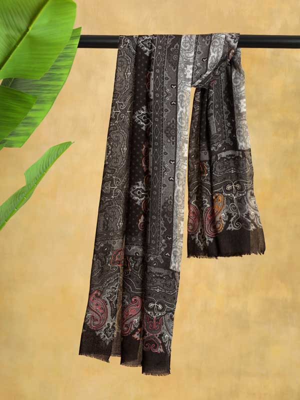 Kalawati Paisley Hand Embroidery Wool Stole - Charcoal, Multi