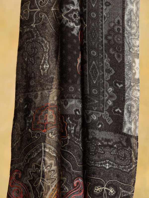 Kalawati Paisley Hand Embroidery Wool Stole - Charcoal, Multi