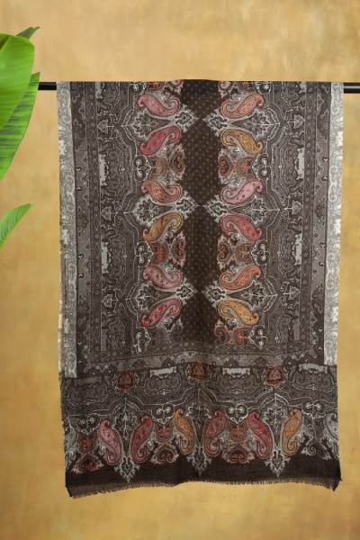 Kalawati Paisley Hand Embroidery Wool Stole - Charcoal, Multi