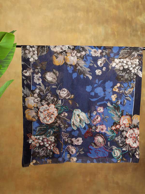 Roseate Florals Hand Embroidery Wool Stole - Ink Blue