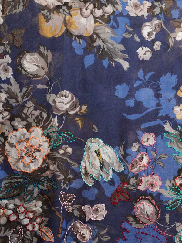 Roseate Florals Hand Embroidery Wool Stole - Ink Blue
