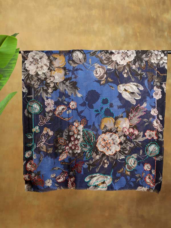 Roseate Florals Hand Embroidery Wool Stole - Ink Blue