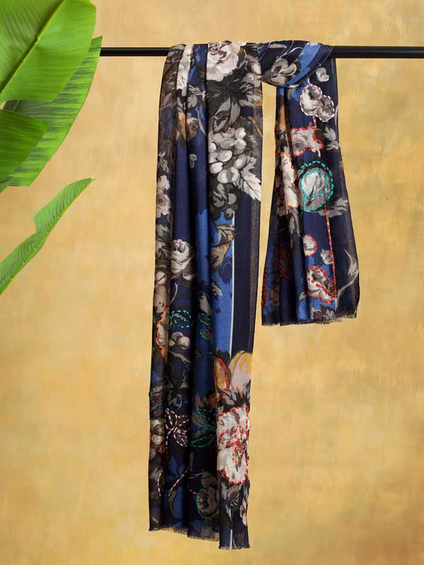 Roseate Florals Hand Embroidery Wool Stole - Ink Blue