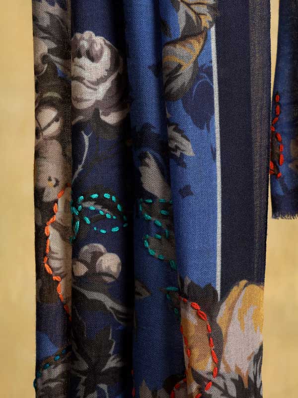 Roseate Florals Hand Embroidery Wool Stole - Ink Blue
