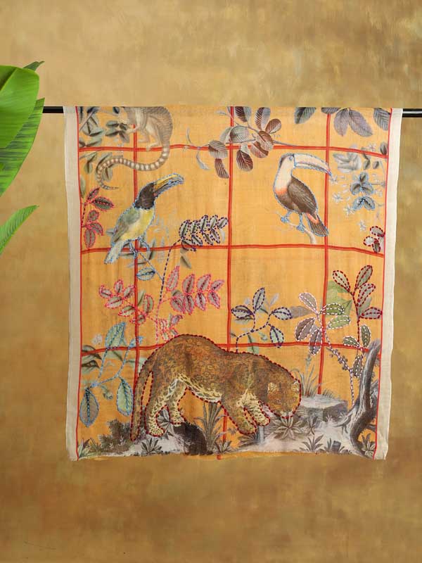 Savanna Animals Hand Embroidery Wool Print Stole - Warm Apricot